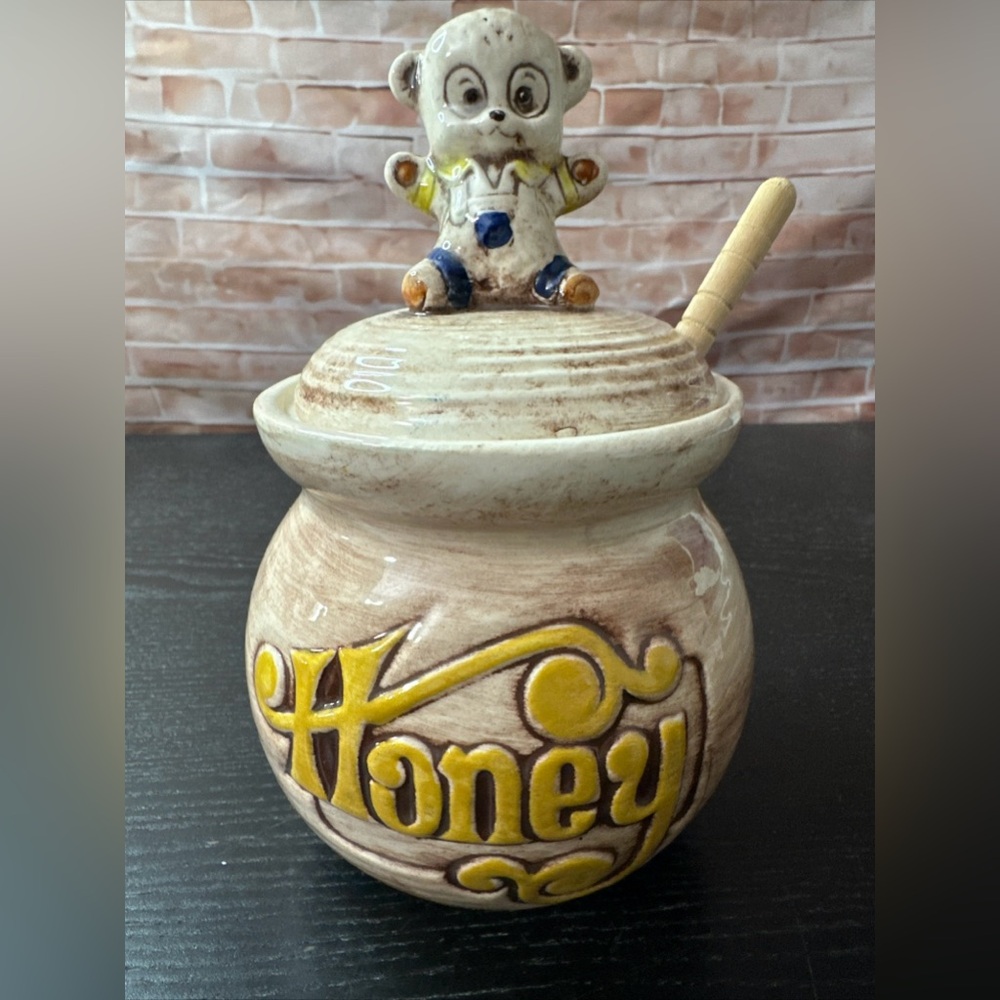 Pottery Craft USA Made Handcrafted Stoneware Honey Jar Pot Bear Dipper